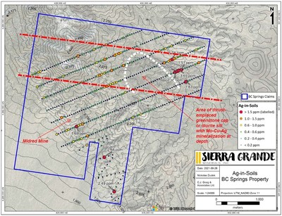 Figure 4. Silver-in-soil results for the B&C Springs-Mildred property. (CNW Group/Sierra Grande Minerals Inc.)