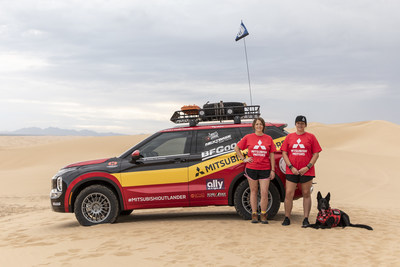 Representing the veterans charity, Record the Journey, driving a 2022 Mitsubishi Outlander in the 2021 Rebelle Rally, is (from left) Erin Mason, Selena “Mason” Converse and Sammy, a PTSD-trained service dog