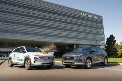 The Shell Hydrogen Nexo and Hyundai Nexo are photographed at Hyundai’s U.S. headquarters in Fountain Valley, Calif. on Sept. 23, 2021.