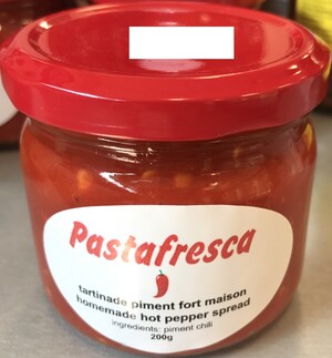 Avis de ne pas consommer de la tartinade de piments forts conditionnée dans des pots en verre et vendue par l'entreprise Pastafresca