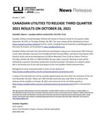 CANADIAN UTILITIES TO RELEASE THIRD QUARTER 2021 RESULTS ON OCTOBER 28, 2021. (CNW Group/Canadian Utilities Limited)
