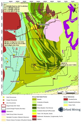 Figure 1: Local Geology of the New Joutel-Omega Property shown with historical drill hole intercepts.  Drilling intervals are down-hole lengths from historical data. True thicknesses cannot be estimated with available information (CNW Group/Orford Mining Corporation)