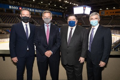 (right to left) ASM Global’s Doug Thornton standing with Illinois Governor J.B. Pritzker, Blackhawks Chairman W. Rockwell “Rocky” Wirtz and CEO Danny Wirtz at the BMO Harris Bank Center in Rockford, IL on April 6, 2021