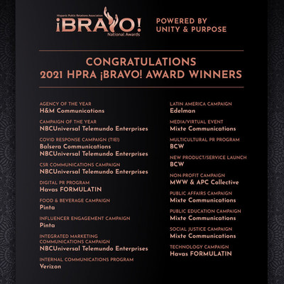 La Asociación Hispana de Relaciones Públicas anuncia los ganadores de los Premios Nacionales ¡Bravo! 2021 Award Winners (PRNewsfoto/Hispanic Public Relations Association)