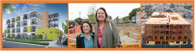 (Left) The Dolores Huerta Apartments, first modular housing development financed by the Fund; (Center) May 7th ground-breaking of Fund financed Dolores Huerta Apartments; Dolores Huerta, labor and civil rights activist and SDS Capital Group Founder & CEO Deborah La Franchi; (Right) First SDS Fund investment on Western in Los Angeles (currently under construction).