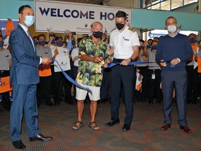 Koningsdam return to service ribbon-cutting ceremony Oct. 10, 2021 in San Diego (left to right): San Diego Port Commissioner Rafael Castellanos; first guest Koningsdam guest Jeff Farschman; Koningsdam Captain Steve MacBeath; and Gus Antorcha, president of Holland America Line.