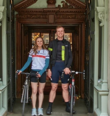 Top 2 Bottom Cyclists, Sophie Traube (L), Max Hobhouse (R) at Fortnum Mason (sponsor)