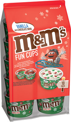 M&M’S® Ice Cream Holiday Fun Cups, on shelves this month, are filled with vanilla-flavored ice cream, a delicious chocolate swirl and mixed with plenty of festive red and green M&M’S® Minis.