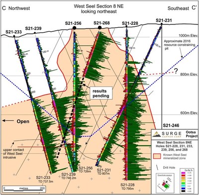 Figure 4. West Seel cross section C-C’ showing results for holes S21-228, 231, 233, 239, 256, and partial results for S21-268. See Figure 1 for section location (CNW Group/Surge Copper Corp.)