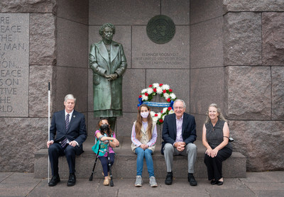 Pictured from left to right: Dr. Kirk Adams, President and CEO of the American Foundation for the Blind (AFB), Ari Paz Pasa, Girl Scout Troop 4720, Eva Lake, Girl Scout Troop 4720, U.S. Senator (Ret) Tom Harkin and Mary Dolan, Co-Founder and Executive Director of the FDR Memorial Legacy Committee commemorate Eleanor Roosevelt's human rights legacy and birthday at the first-ever wreath-laying in her honor at the FDR Memorial in Washington, D.C.