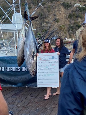 Veterans Mea Peterson and Vanessa Brown pose with their qualifying bluefin tuna. Peterson’s weighed 101 lbs. and Brown’s weighed 156 lbs. Their catch was celebrated during a post-tournament weigh-in on Avalon’s iconic Green Pleasure Pier.