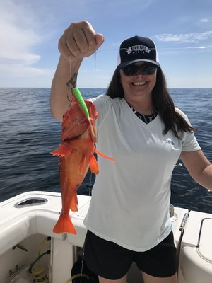 The WHOW 2021 Tournament included two all-female veteran teams, including Samantha Simonds, aboard the Surly Mermaid, pictured here with a rockfish.