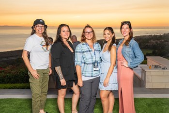 (from left) Veterans Samantha Simonds, Vanessa Brown, Robin Baker and Mea Peterson are joined by Freedom Alliance Scholar Haley Nicole Taylor (second from right). Taylor, currently pursuing her Master’s degree in Communications, Media & Theatre, sang the National Anthem as part of the tournament’s opening ceremonies.