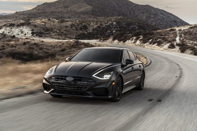 The 2022 Sonata N Line Night Edition in Phantom Black on a canyon road in Riverside County, Calif., Fri. Sept. 24, 2021. (Photo/Hyundai Motor America)