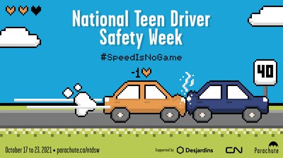 Parachute, Canada's national charity dedicated to injury preention, leads National Teen Driver Safety Week 2021 with support from Desjardins and CN. (CNW Group/Parachute)