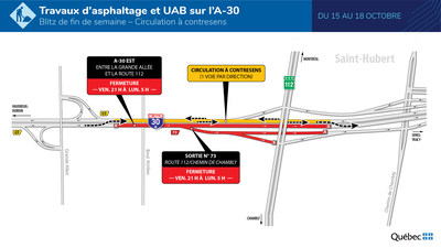 Blitz de travaux du 15 au 18 octobre sur l'A-30 : entraves  la hauteur de la route 112  Longueuil (Groupe CNW/Ministre des Transports)