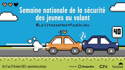 La Semaine nationale de la sécurité des jeunes au volant (SNSJV), une campagne annuelle de sensibilisation du public visant à éduquer les jeunes conducteurs à la sécurité routière, exhorte les jeunes à reconnaître que #LaVitesseNestPasUnJeu dans les rues et sur les routes de nos villes.
Se déroulant du 17 au 23 octobre et soutenue par Desjardins et le CN, la semaine de sensibilisation vise à réduire les excès de vitesse qui entraînent des blessures graves et des décès. (Groupe CNW/Parachute)