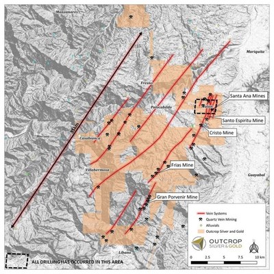 Figure 2. Property map with interpreted structure/vein trends (red), historic mines and prospects and drilling area of discovered shoots to date. Less than 10% of the project has received drilling to date. (CNW Group/Outcrop Silver & Gold Corporation)