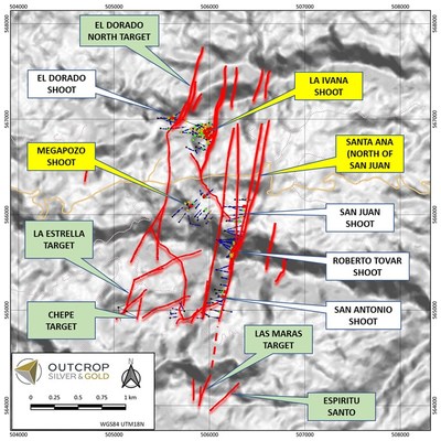 Figure 3: Close up map of drilling area (dashed polygon in Figure 2) showing the seven shoots (Two parallel upper and lower shoots in La Ivana) and drilling objectives for Phase 4. Drilling targets for Q4 2021 are shown with yellow call-out labels. Drilling targets for H1 2022 in green. (CNW Group/Outcrop Silver & Gold Corporation)