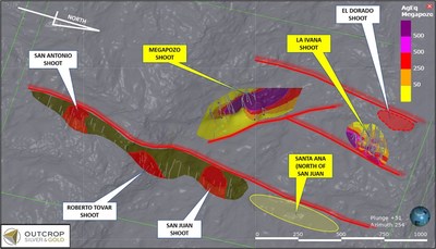 Figure 4. Perspective view showing Megapozo, Ivana, El Dorado, San Antonio, Roberto Tovar, and San Juan shoots. Although the shoots are segmented, they occur in a relatively compact area frequently with regular spacing. (CNW Group/Outcrop Silver & Gold Corporation)
