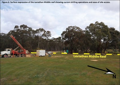 Figure 6: Surface expression of the Leviathan Middle reef showing current drilling operations and ease of site access (CNW Group/Leviathan Gold Ltd)