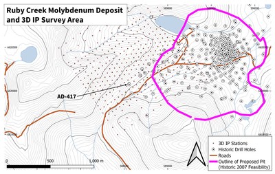 Ruby Creek Molybdenum Deposit and 3D IP Survey Area (CNW Group/Stuhini Exploration Ltd.)