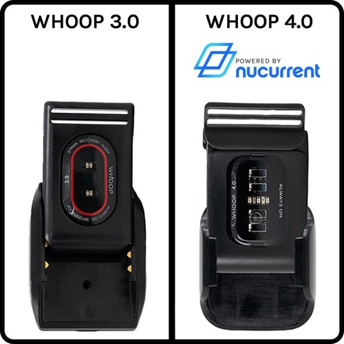 A side-by-side comparison of the WHOOP 3.0 (left) and WHOOP 4.0 (right)