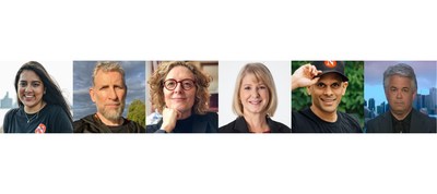The Canadian Journalism Foundation's upcoming J-Talks Live webcast on Oct. 26 features (left to right): Fatima Syed, The Narwhal; Jonathan Watts, The Guardian; Linda Solomon Wood, Canada's National Observer; Laura Lynch, CBC; Mike De Souza, The Narwhal; and Blaire Feltmate, University of Waterloo. (CNW Group/Canadian Journalism Foundation)