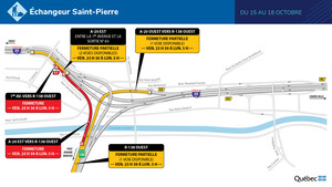 Autoroute 20 et route 138 dans l'arrondissement de Lachine à Montréal - Fermeture complète de la bretelle menant de l'autoroute 20 en direction est vers la route 138 en direction ouest durant la fin de semaine du 15 octobre 2021