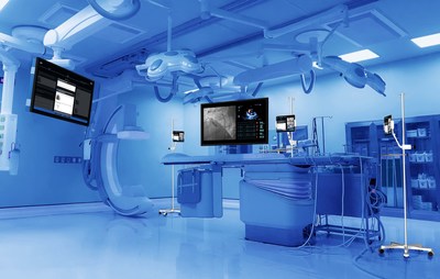 An interventional cardiology suite layout highlighting Explorer Live's minimal footprint and integration into a procedure suite. Explorer Surgical