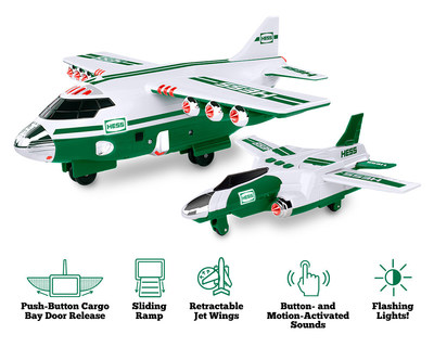 The 2021 Hess Cargo Plane and Jet is sold exclusively at HessToyTruck.com for $39.99 with free standard shipping*  and Energizer® batteries included. Features are shown.