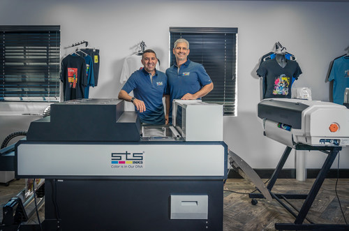 STS Inks Founder Shahar Turgeman and business partner Adam M. Shafran stand in front of the breakthrough STS Inks Direct-To-Film (DTF) Compact Modular System