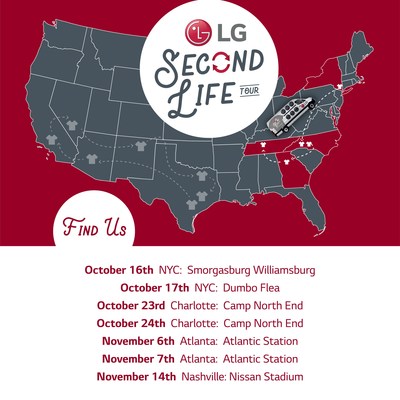 The LG Second Life East Coast Tour locations include New York City, Charlotte, Atlanta, and Nashville.