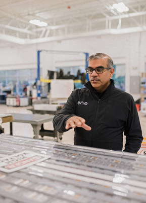 Mujeeb Ijaz, Founder and CEO of Our Next Energy Inc. with the Aries™ battery pack, which uses a unique Structural Cell to Pack™ architecture to allow increased range and reduced cost while eliminating nickel- and-cobalt based chemistries.