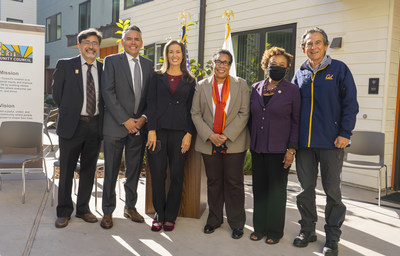 On Thursday, EBALDC and The Unity Council welcomed Housing and Urban Development Secretary Marcia Fudge to Casa Arabella, their award-winning affordable housing community in Oakland, California. (L to R: Andy Madeira, CEO, EBALDC; Chris Iglesias, CEO, The Unity Council; Oakland Mayor Libby Schaaf; U.S. Housing and Urban Development Secretary Marcia Fudge; Congresswoman Barbara Lee; and Oakland City Councilmember Noel Gallo)
