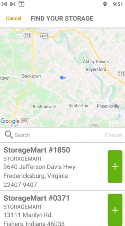 Screenshot of the “StorageMart Unlocked” app for iOS and Android devices, which allows secure, contactless entry to our storage facility in Fishers, IN.