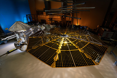 Seen here in Lockheed Martin's Littleton, Colorado, clean room, the Lucy spacecraft will journey 4 billion miles over its lifetime - powered by two massive solar arrays.