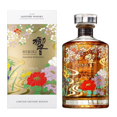 The limited edition, one-of-a-kind bottle of Hibiki® Japanese Harmony adorned with painted flowers and flowing ribbons of water designed to represent the vital force of Japans everchanging twenty-four seasons. Photo credit: House of Suntory