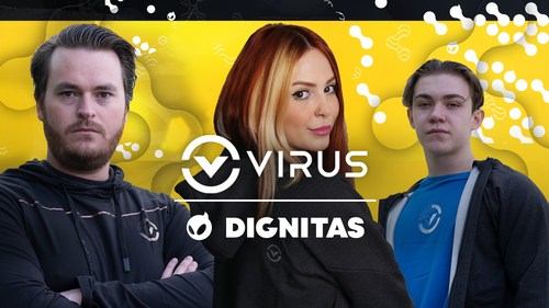 Dignitas partners with athletic wear brand, VIRUS International. Pictured: Pro gamers friberg, showliana and HEAP