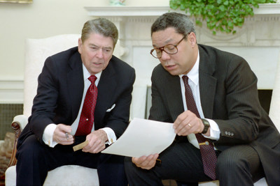 4/18/88 President Reagan holds a National Security Council meeting on the Persian Gulf with National Security Advisor Colin Powell in the Oval Office, photo courtesy of the Ronald Reagan Presidential Library