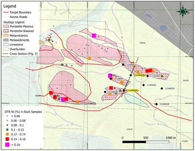 Figure 2: Van Target Plan Map with Drillhole Collar Locations and Previously Reported Outcrop Samples (CNW Group/FPX Nickel Corp.)
