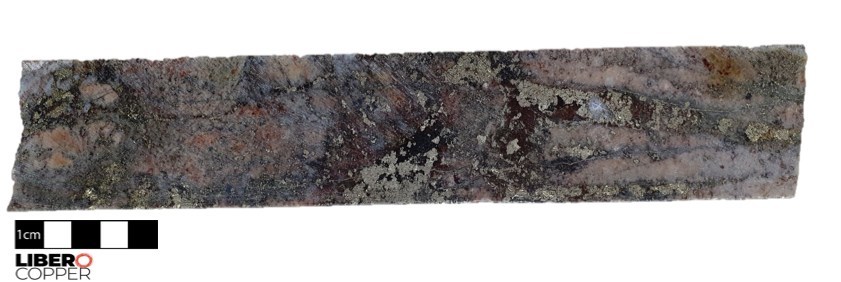 Figure 5 - Magmatic-hydrothermal breccia with bornite, magnetite, quartz and K-spar matrix, with potassic alteration and high magnetite content (214 m depth). (CNW Group/Libero Copper & Gold Corporation.)