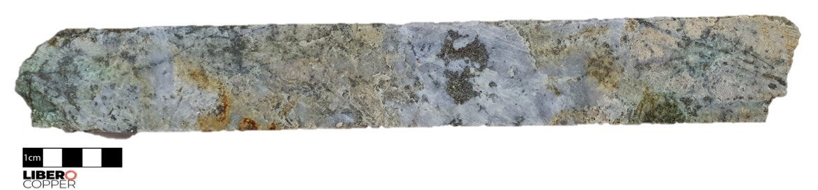 Figure 6 - Magmatic-hydrothermal breccia with a muscovite-pyrite rich matrix (194 metre depth). (CNW Group/Libero Copper & Gold Corporation.)