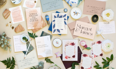Design marketplace Minted and Brides partner on an exclusive stationery collection celebrating all couples and all weddings. The Minted + Brides Collection features artist-designed invitations, websites, place cards, and more that are reflective of today's couples and their wedding style. (Clockwise) The above Invitation Suites are designed by Minted artists Caitlin Considine, Phrosne Ras, Pixel and Hank, Snow and Ivy, and Jen Owens. (Photo: Verry Robin & Co.)