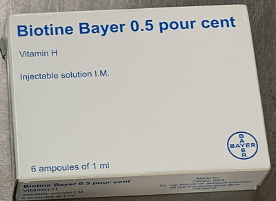 Biotine Bayer 0.5 pour cent Vitamin H Injectable solution I.M. Boîte de 6 fioles (Groupe CNW/Santé Canada)