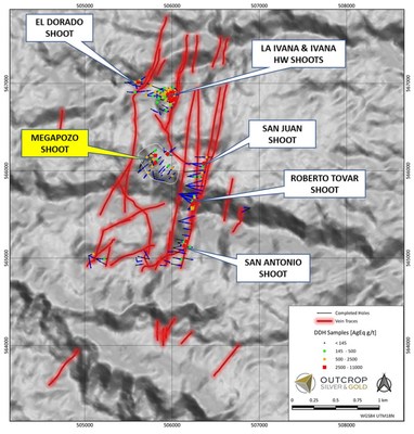 Figure 1. Map with vein traces, drill-holes, and shoots, including the recently extended Megapozo shoot in yellow. (CNW Group/Outcrop Silver & Gold Corporation)