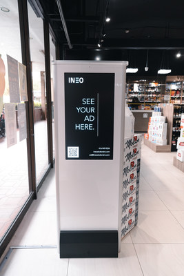 INEO's cloud-based platform uses IoT (Internet of Things) and AI (INEO's patented technology integrates and monetizes digital screens with theft detection sensor gates at the entrance of retail stores. Artificial Intelligence) technology to deliver customized digital advertising to each retail location based on the demographic mix, such as age and gender, of customer traffic at each retail location. (CNW Group/INEO Tech Corp.)