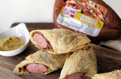 Andrew Zimmern’s Crispy Smoked Sausage Rolls featuring Hillshire Farm® Smoked Sausage and common freezer ingredients like phyllo dough. Find the recipe on HillshireFarm.com. Photo courtesy of Hillshire Farm® brand.