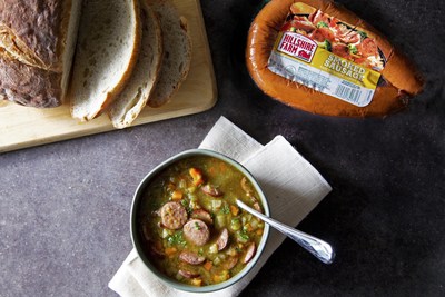 Andrew Zimmern’s Tailgate Ready Smoked Sausage Soup featuring Hillshire Farm® Smoked Sausage and common freezer ingredients like vegetables and stock. Find the recipe on HillshireFarm.com. Photo courtesy of Hillshire Farm® brand.