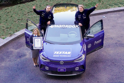 Volkswagen ID.4 USA tour team sets a new Guinness World Records title for the longest journey by electric car (non-solar) in a single country on Hankook's electric vehicle-specific Kinergy AS EV tires.